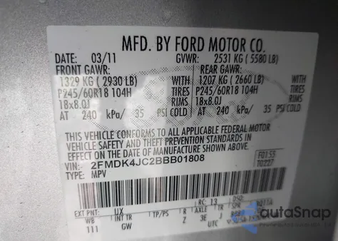 2011 Ford Edge Sel из США, поврежденный, VIN 2FMDK4JC2BBB01808